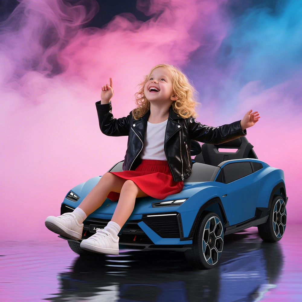 AIYAPLAY elektrinis vaikiškas automobilis, 12V, su 2,4 GHz nuotolinio valdymo pulteliu, 2 varikliais, garsiniu signalu, LED, muzika, 101,5 x 49 x 43 cm, mėlynas