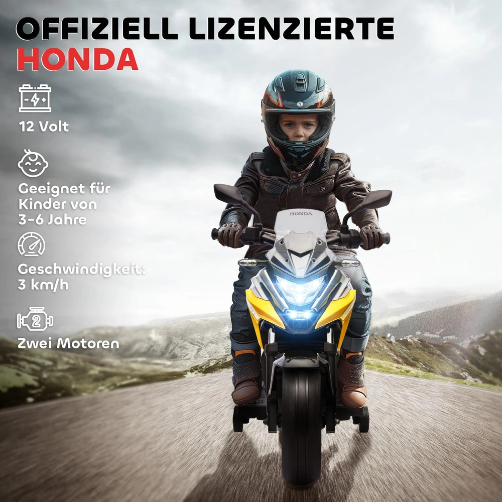 AIYAPLAY elektrinis vaikiškas motociklas, Honda, 3 km/h, muzika ir šviesos, 3-6 metai, iki 30 kg, geltonas