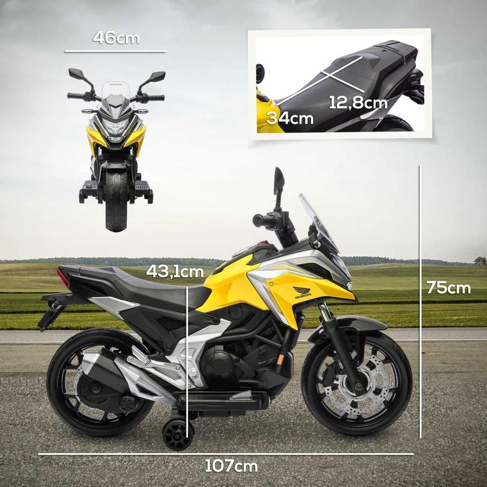 AIYAPLAY elektrinis vaikiškas motociklas, Honda, 3 km/h, muzika ir šviesos, 3-6 metai, iki 30 kg, geltonas