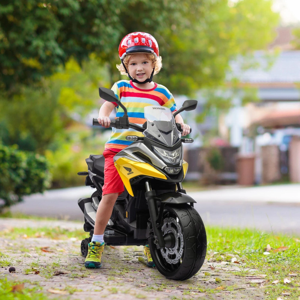AIYAPLAY elektrinis vaikiškas motociklas, Honda, 3 km/h, muzika ir šviesos, 3-6 metai, iki 30 kg, geltonas