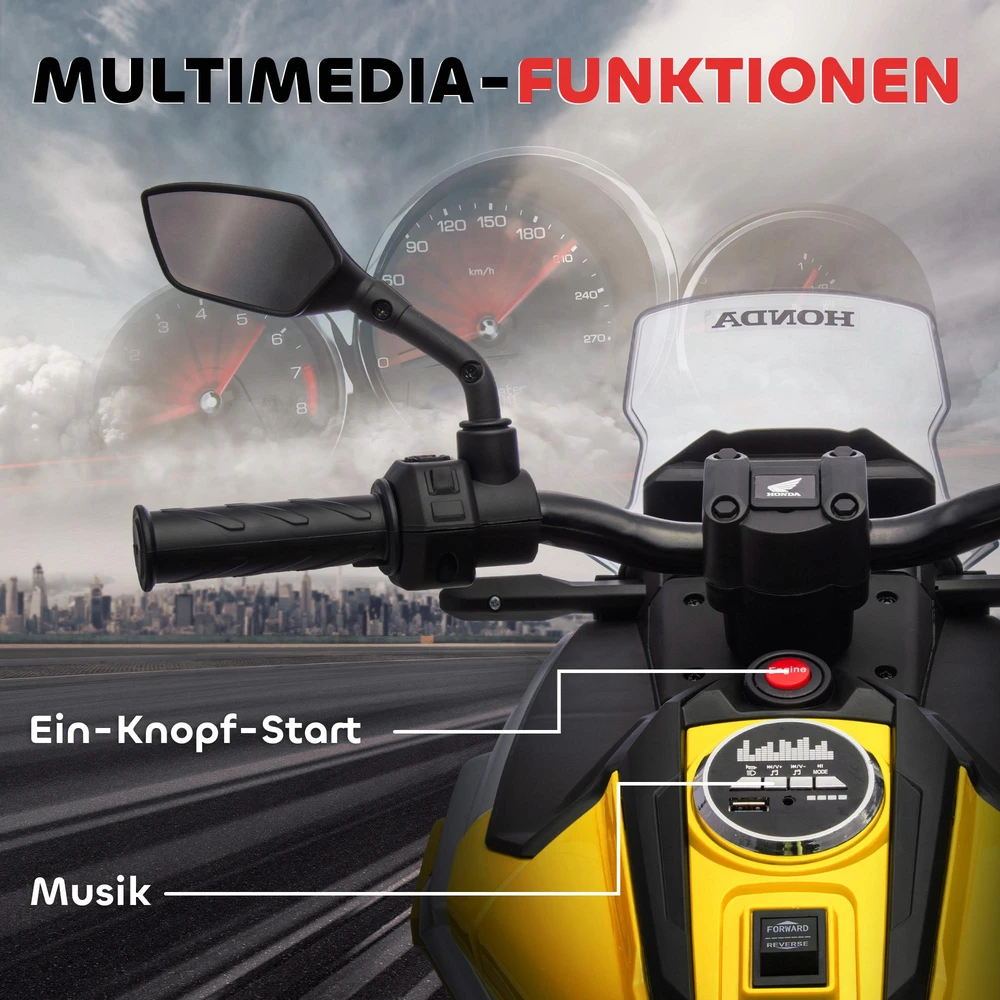 AIYAPLAY elektrinis vaikiškas motociklas, Honda, 3 km/h, muzika ir šviesos, 3-6 metai, iki 30 kg, geltonas