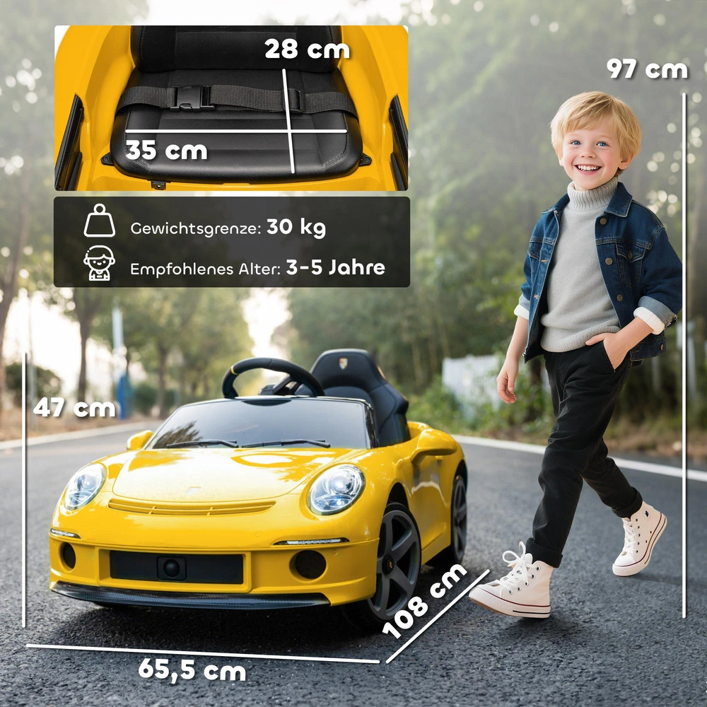 AIYAPLAY elektrinis vaikiškas automobilis, valdomas nuotoliniu būdu, muzika, garsinis signalas, USB, saugos diržas, 3-5 metams, geltonas
