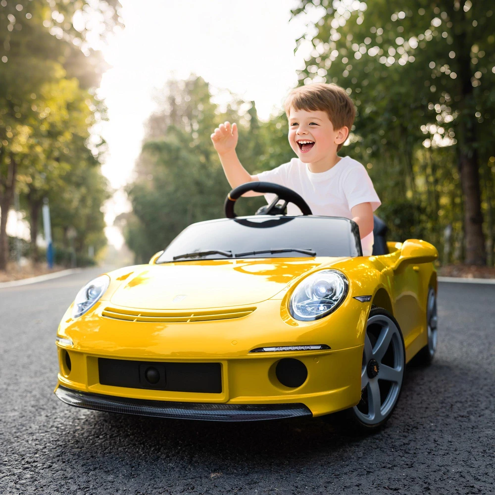 AIYAPLAY elektrinis vaikiškas automobilis, valdomas nuotoliniu būdu, muzika, garsinis signalas, USB, saugos diržas, 3-5 metams, geltonas
