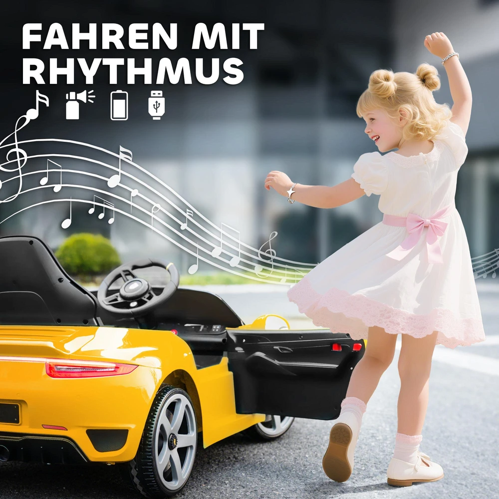 AIYAPLAY elektrinis vaikiškas automobilis, valdomas nuotoliniu būdu, muzika, garsinis signalas, USB, saugos diržas, 3-5 metams, geltonas