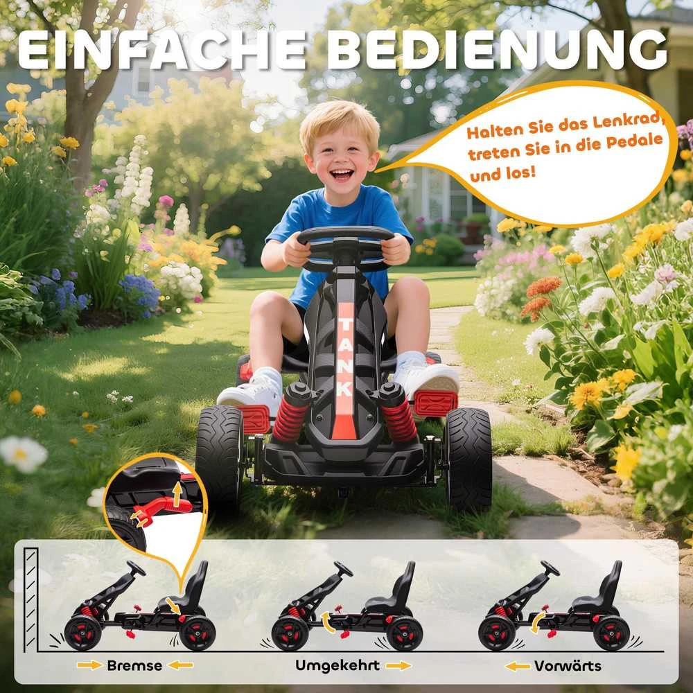 AIYAPLAY Gokartas su pedalais, vaikiškas pedalinis automobilis su stabdžiais, neslystantys ratai, metalinis rėmas, 3-6 metai, raudonas