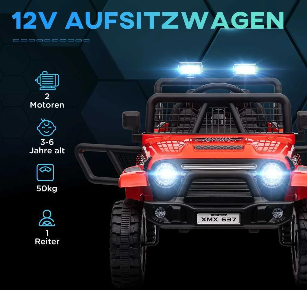 Aiyaplay Elektrinis vaikiškas automobilis HOMCOM, 12 V, 3-5 km/h visureigis su muzikos jungtimi, vaikiška transporto priemonė su 2,4G nuotolinio valdymo pulteliu, priekiniais žibintais, garsiniu signalu, elektrinė vaikiška transporto priemonė 3-6 metų vaikams, raudonas