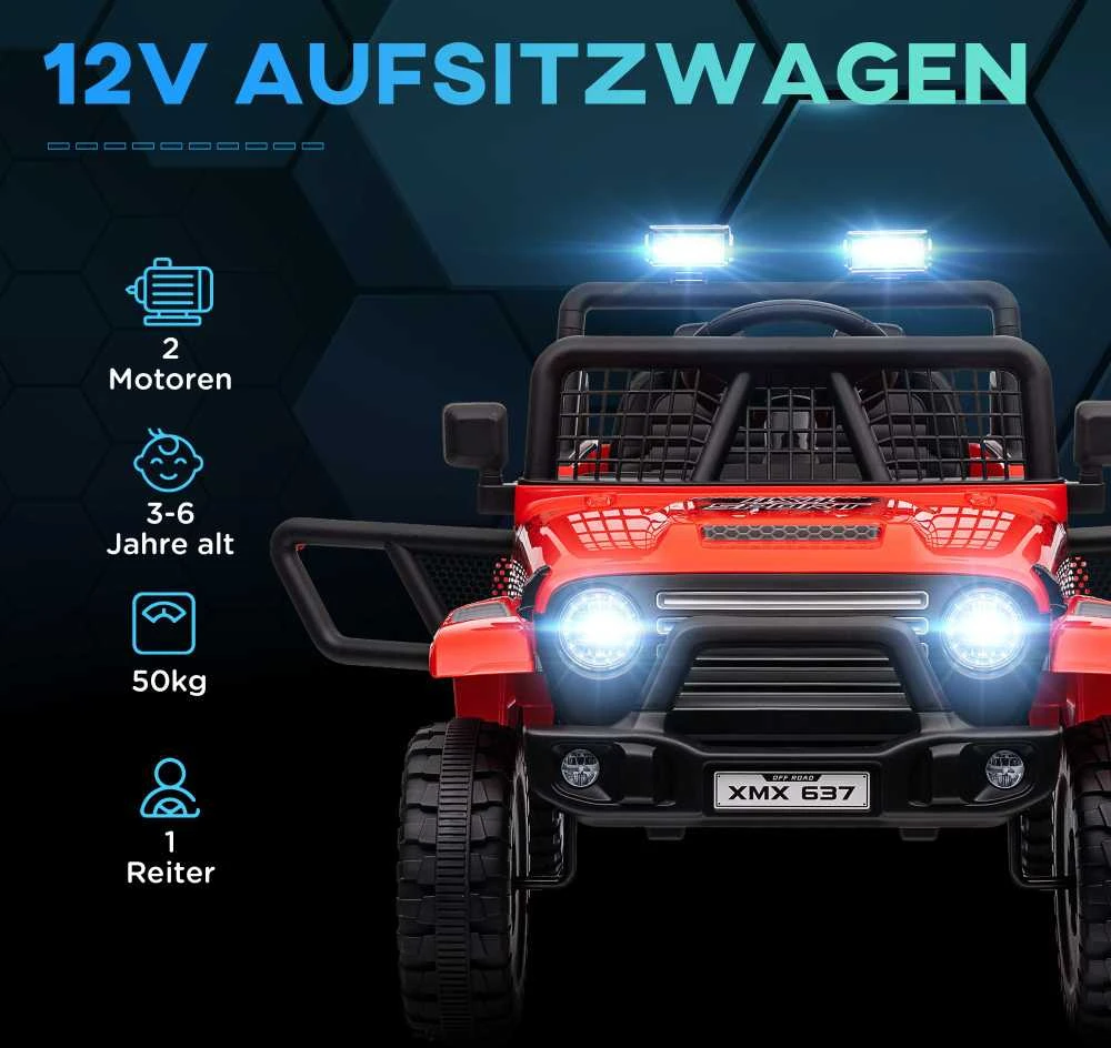 Aiyaplay Elektrinis vaikiškas automobilis HOMCOM, 12 V, 3-5 km/h visureigis su muzikos jungtimi, vaikiška transporto priemonė su 2,4G nuotolinio valdymo pulteliu, priekiniais žibintais, garsiniu signalu, elektrinė vaikiška transporto priemonė 3-6 metų vaikams, raudonas
