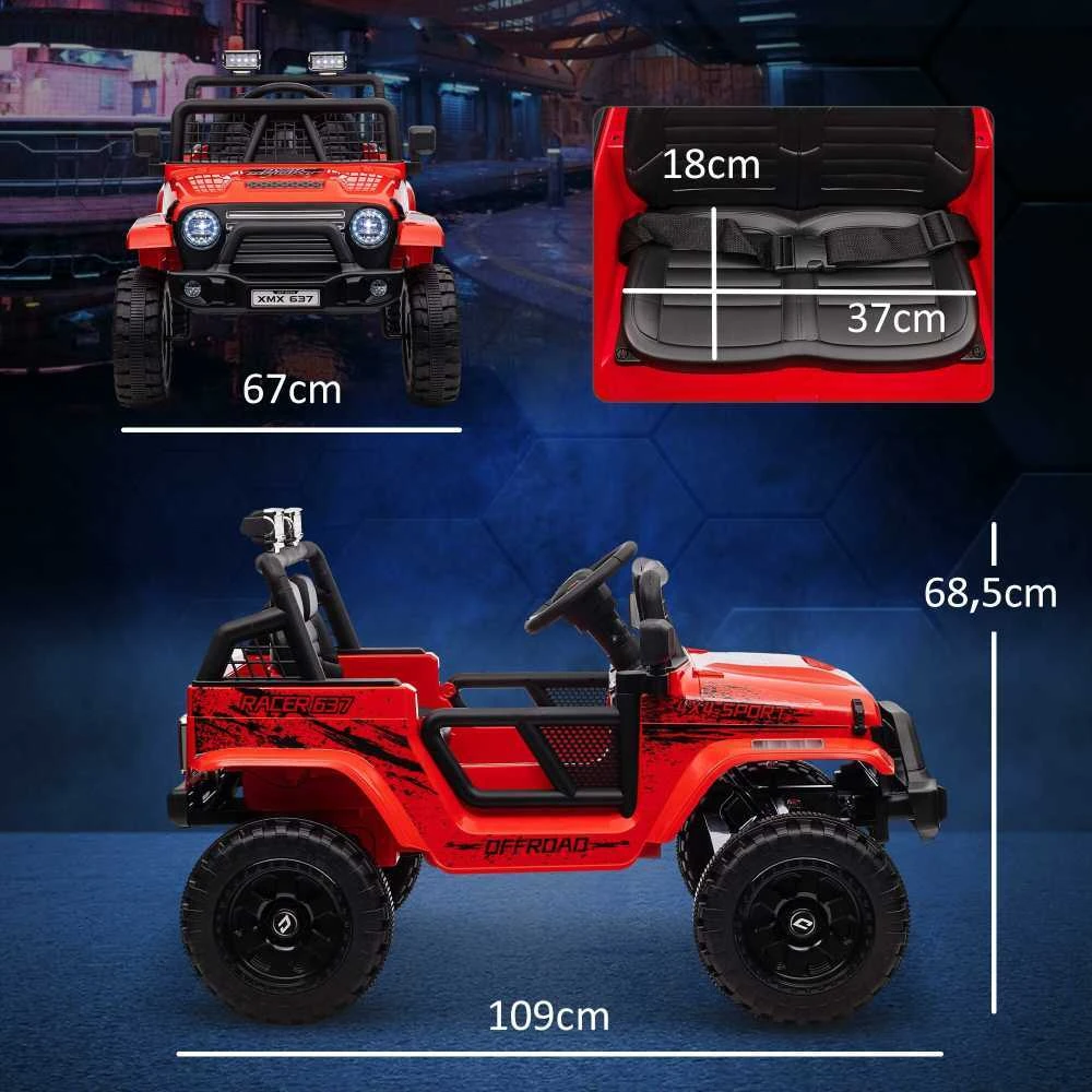 Aiyaplay Elektrinis vaikiškas automobilis HOMCOM, 12 V, 3-5 km/h visureigis su muzikos jungtimi, vaikiška transporto priemonė su 2,4G nuotolinio valdymo pulteliu, priekiniais žibintais, garsiniu signalu, elektrinė vaikiška transporto priemonė 3-6 metų vaikams, raudonas