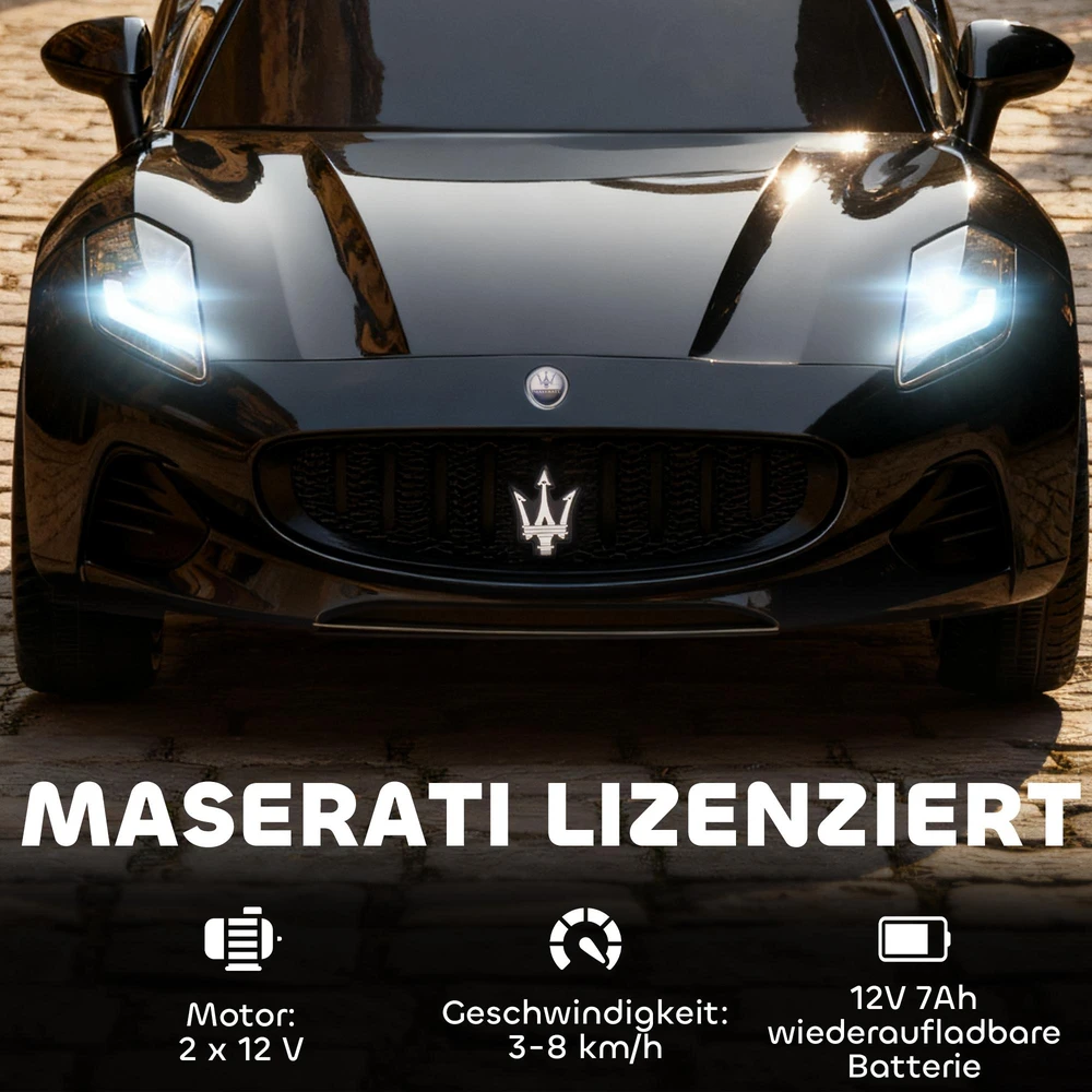 AIYAPLAY Maserati elektromobilis vaikams, dvivietis, 12V akumuliatorius, nuotolinio valdymo pultas, LED žibintai, muzikos funkcija, juodas