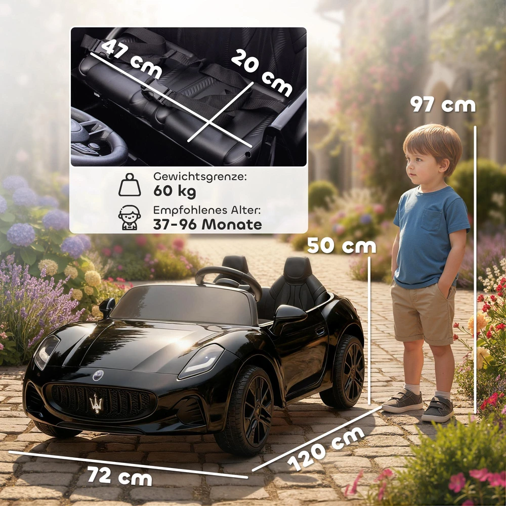 AIYAPLAY Maserati elektromobilis vaikams, dvivietis, 12V akumuliatorius, nuotolinio valdymo pultas, LED žibintai, muzikos funkcija, juodas