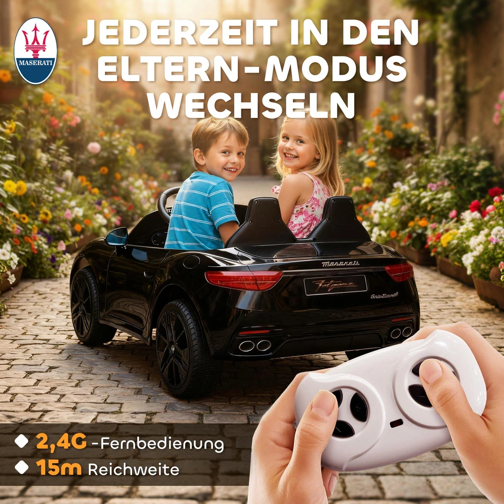 AIYAPLAY Maserati elektromobilis vaikams, dvivietis, 12V akumuliatorius, nuotolinio valdymo pultas, LED žibintai, muzikos funkcija, juodas