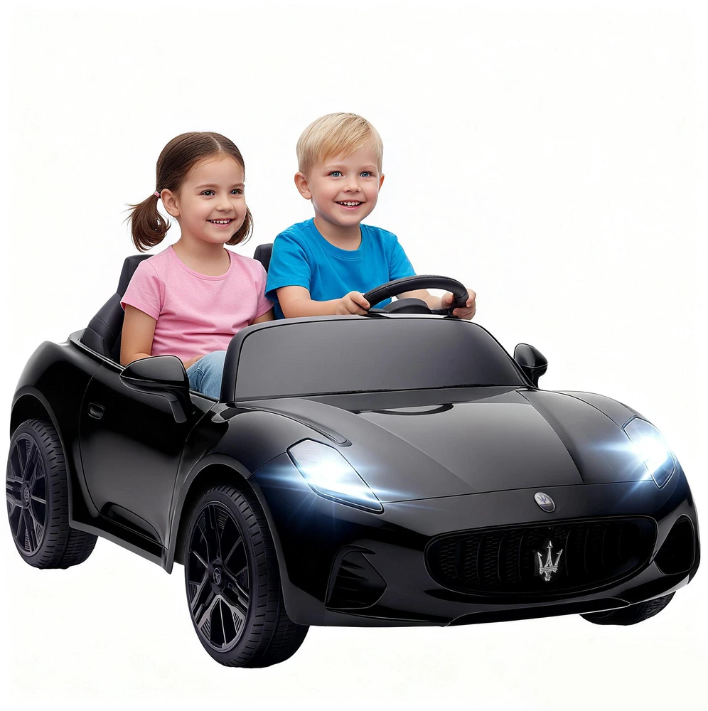 AIYAPLAY Maserati elektromobilis vaikams, dvivietis, 12V akumuliatorius, nuotolinio valdymo pultas, LED žibintai, muzikos funkcija, juodas