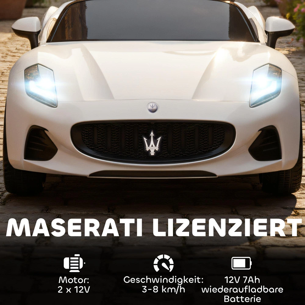 AIYAPLAY Maserati elektromobilis vaikams, dvivietis, 12V akumuliatorinis, su nuotolinio valdymo pultu, LED žibintais, muzikos funkcija, baltas