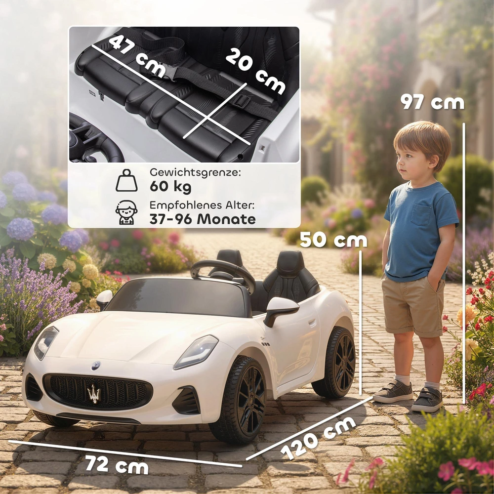 AIYAPLAY Maserati elektromobilis vaikams, dvivietis, 12V akumuliatorinis, su nuotolinio valdymo pultu, LED žibintais, muzikos funkcija, baltas