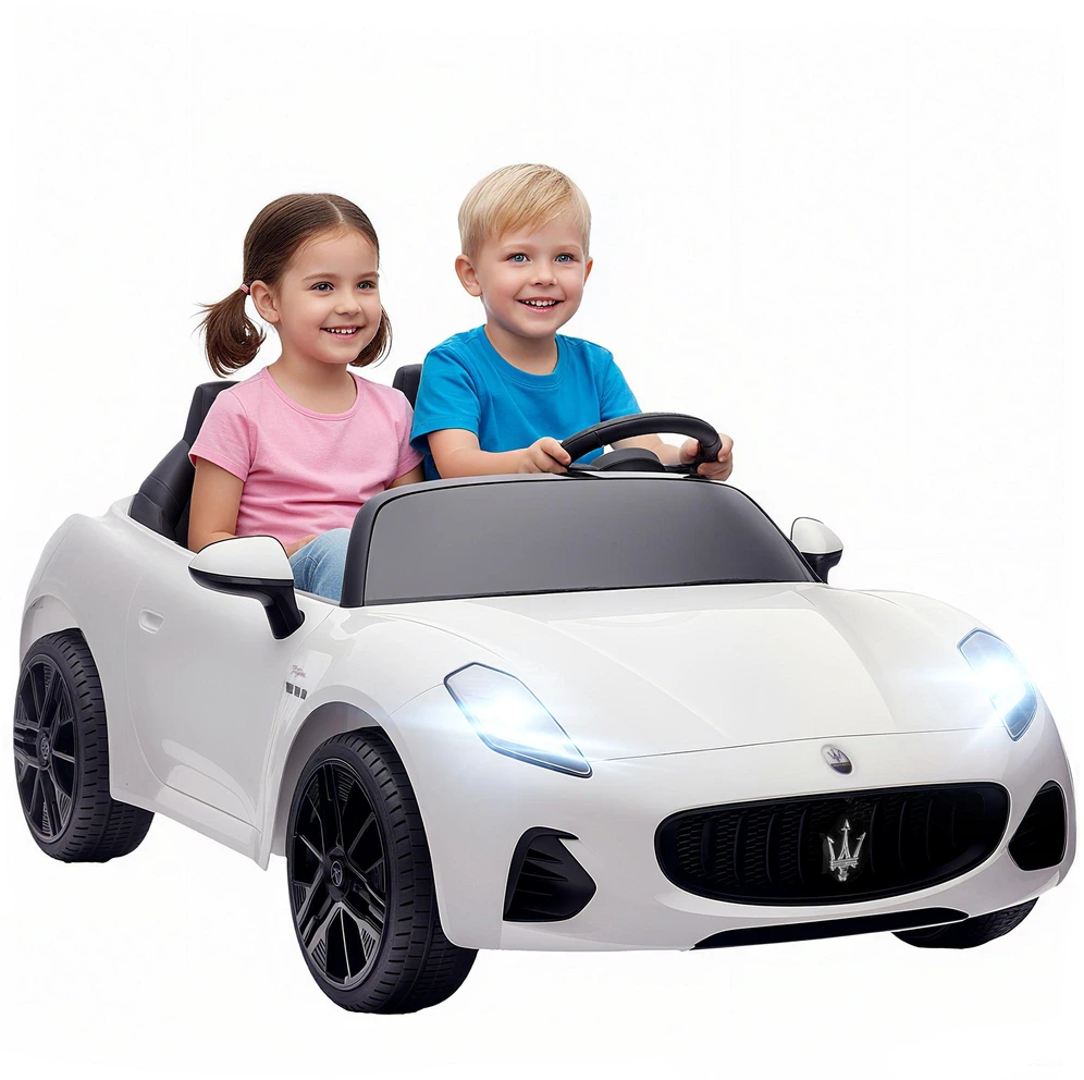AIYAPLAY Maserati elektromobilis vaikams, dvivietis, 12V akumuliatorinis, su nuotolinio valdymo pultu, LED žibintais, muzikos funkcija, baltas