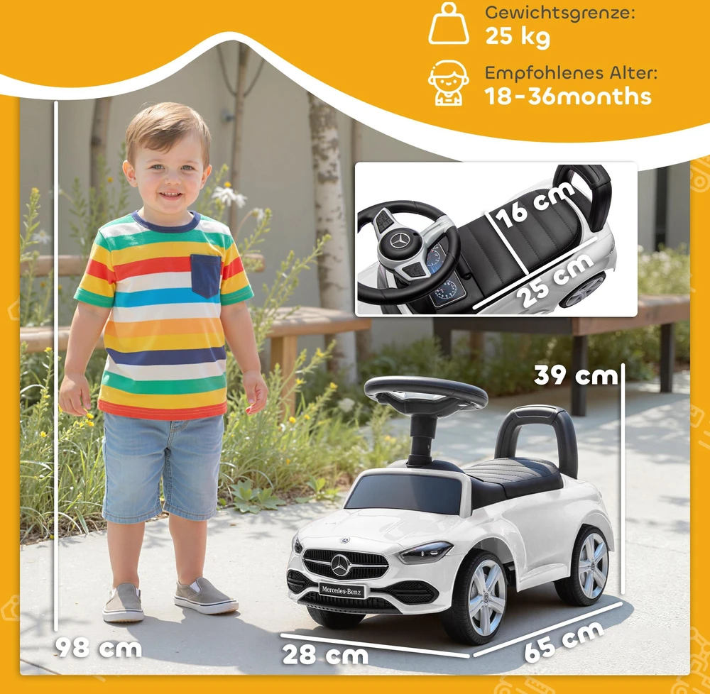 AIYAPLAY Mercedes-Benz C-Class vaikiškas paspirtukas-mašinėlė su garsiniu signalu, variklio garsais, daiktadėže, 18-36 mėn. vaikams, balta