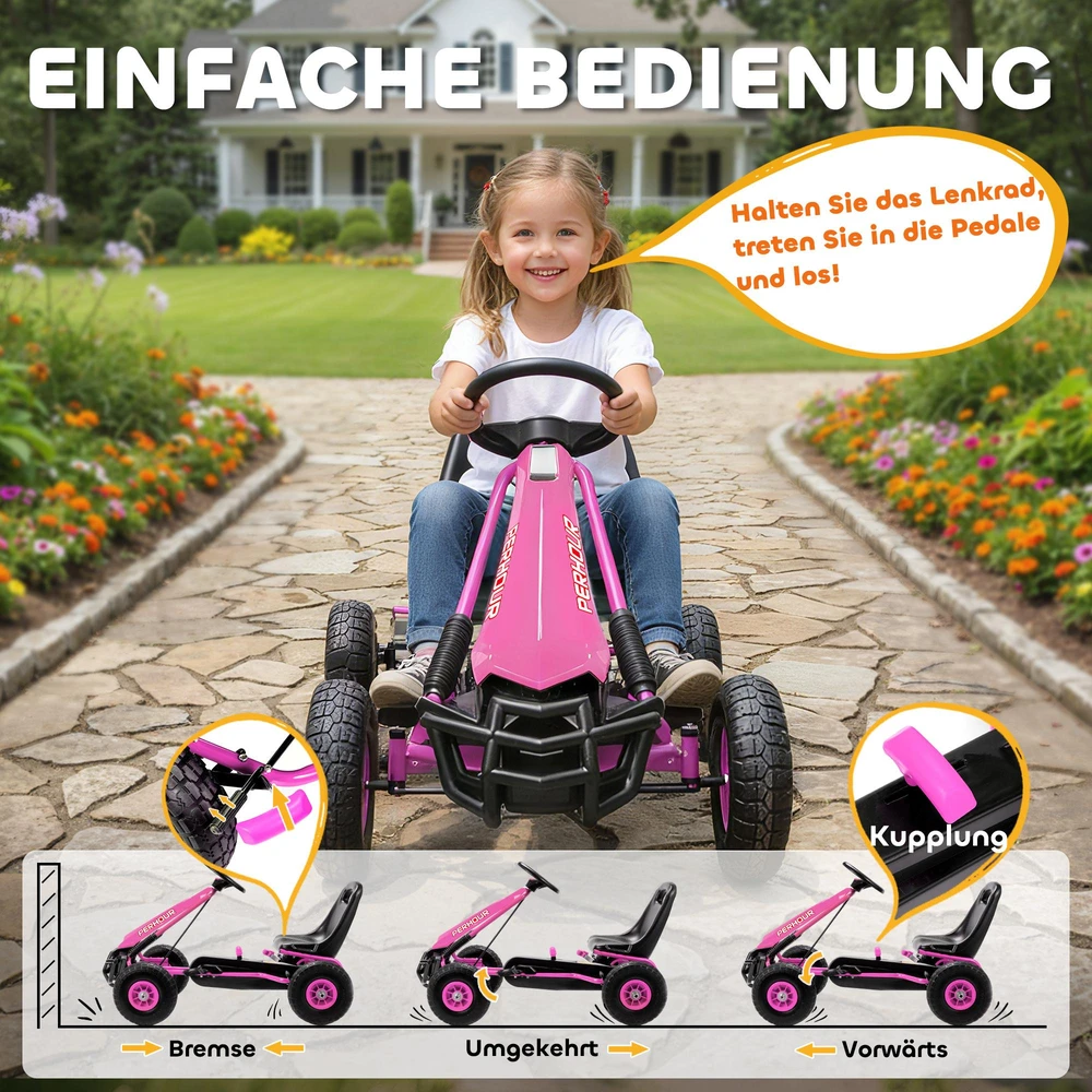 AIYAPLAY pedalinis gokartas vaikams, reguliuojamo aukščio sėdynė, EVA ratai, stabdys, sankaba, 3–8 metai, rožinis