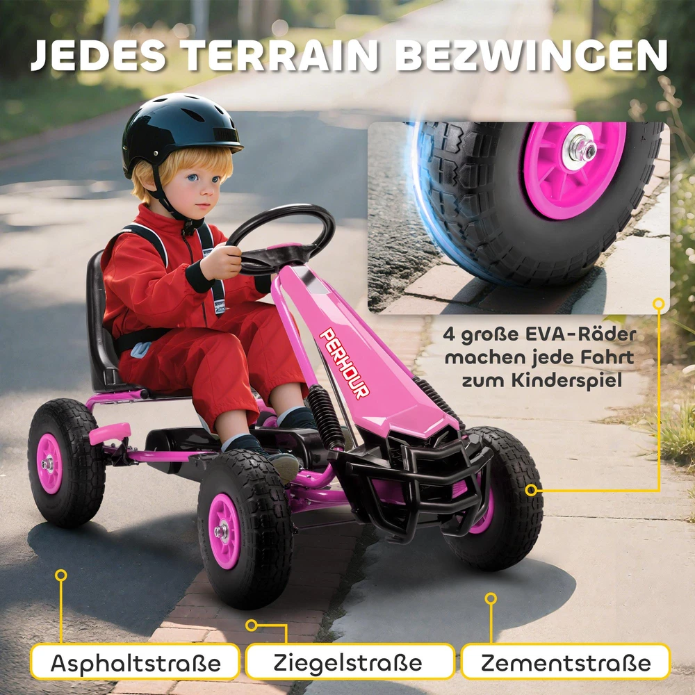 AIYAPLAY pedalinis gokartas vaikams, reguliuojamo aukščio sėdynė, EVA ratai, stabdys, sankaba, 3–8 metai, rožinis