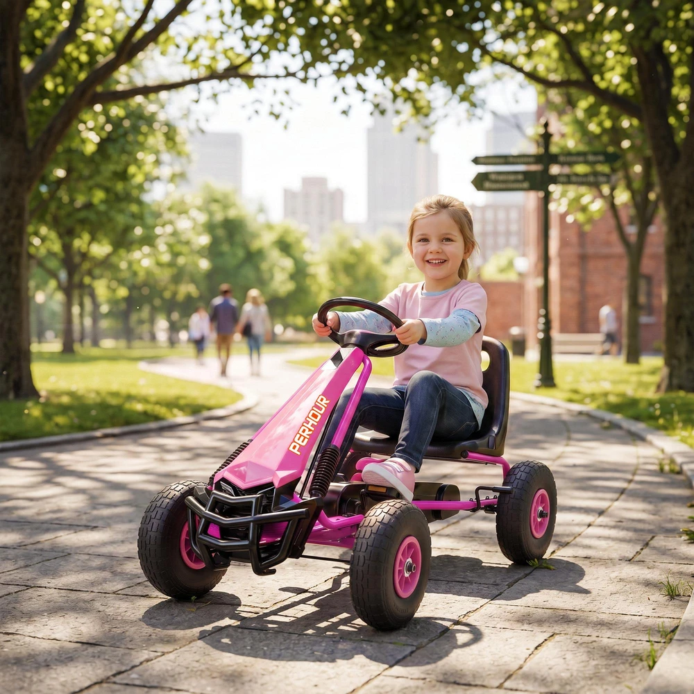 AIYAPLAY pedalinis gokartas vaikams, reguliuojamo aukščio sėdynė, EVA ratai, stabdys, sankaba, 3–8 metai, rožinis
