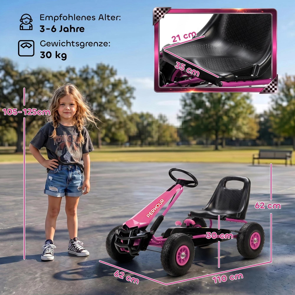 AIYAPLAY pedalinis gokartas vaikams, reguliuojamo aukščio sėdynė, EVA ratai, stabdys, sankaba, 3–8 metai, rožinis