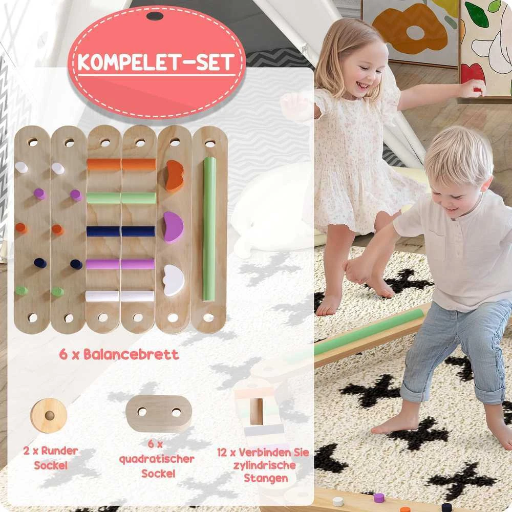 AIYAPLAY balansavimo sija vaikams, medinė balansavimo sija su spalvingais kliūčių blokeliais, Montessori žaislas koordinacijai ir stabilumui, 3-8 metų vaikams