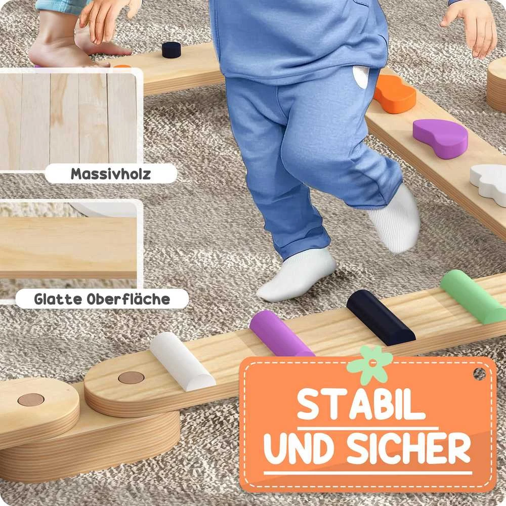 AIYAPLAY balansavimo sija vaikams, medinė balansavimo sija su spalvingais kliūčių blokeliais, Montessori žaislas koordinacijai ir stabilumui, 3-8 metų vaikams