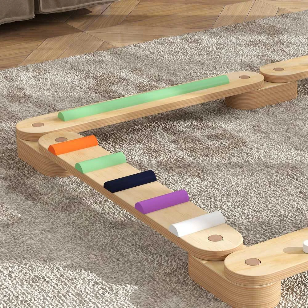 AIYAPLAY balansavimo sija vaikams, medinė balansavimo sija su spalvingais kliūčių blokeliais, Montessori žaislas koordinacijai ir stabilumui, 3-8 metų vaikams