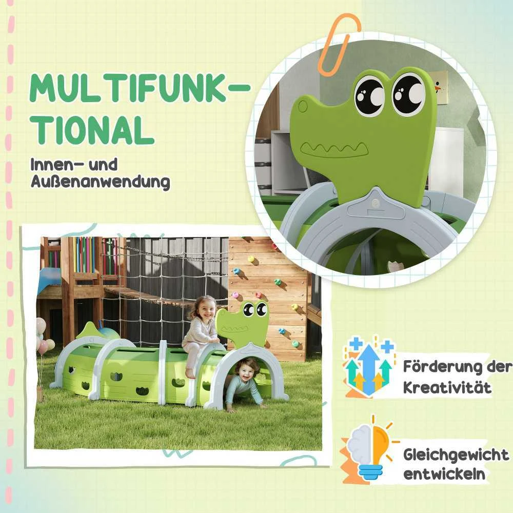 AIYAPLAY šliaužiojimo tunelis vaikams, žaidimų tunelis 194 cm, krokodilo dizainas, vaikiškas tunelis, 3-6 metų vaikams, plastikas, vidaus ir lauko naudojimui, žalias