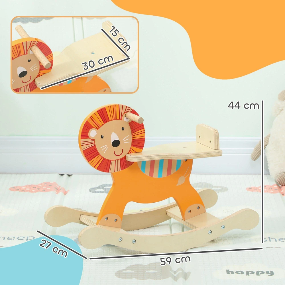 AIYAPLAY supamas arkliukas su liūto dizainu, 25 kg apkrova, 2-5 metams, medinis, oranžinis