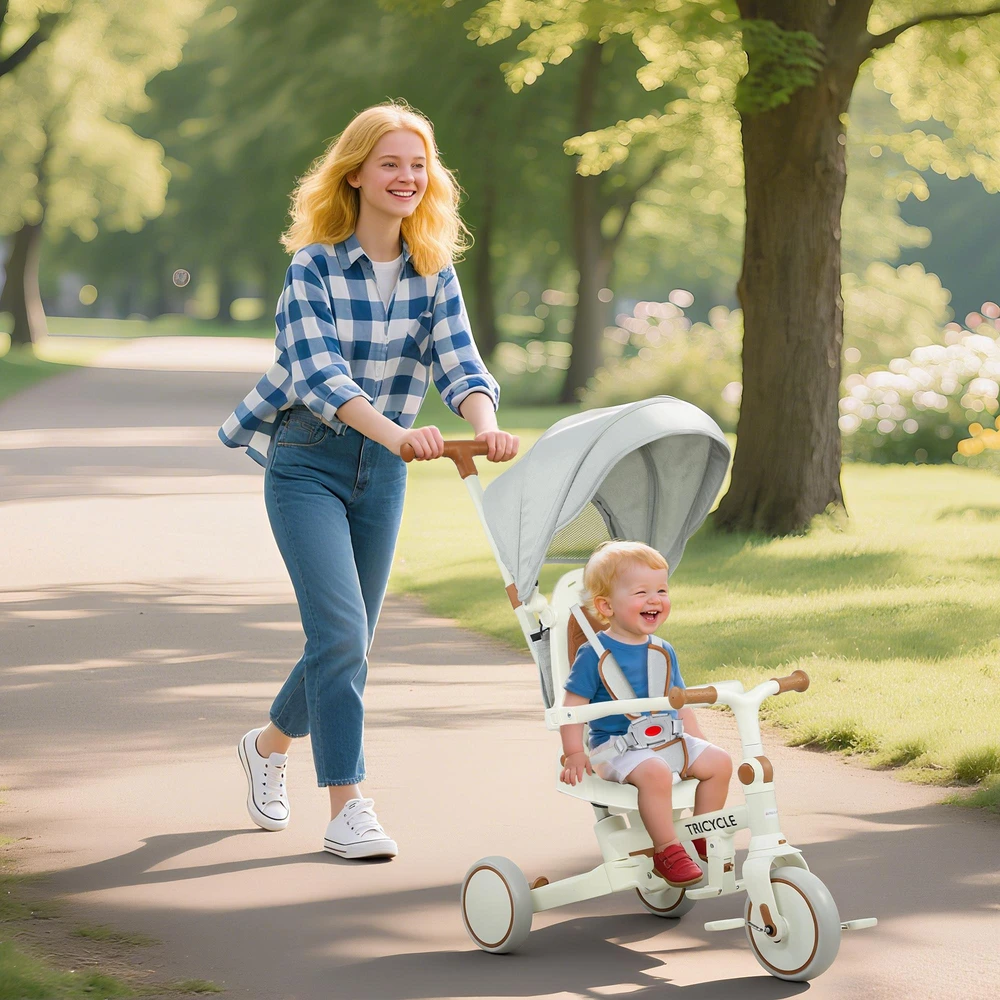 AIYAPLAY vaikams triratukas, transformuojamas kūdikio vežimėlis, 5-in-1 dizainas, nuimama stūmimo rankena, reguliuojamas, saugos diržas, laikymo krepšys, 1-3 metai, kreminės baltos spalvos
