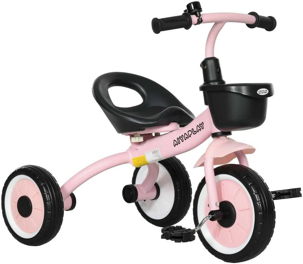 AIYAPLAY triratis, vaikiškas dviratukas su reguliuojama sėdyne, paspirtukas su krepšeliu, skambučiu, vaikiškas dviratis su pedalais, 2-5 metų vaikams, metalinis, rožinis
