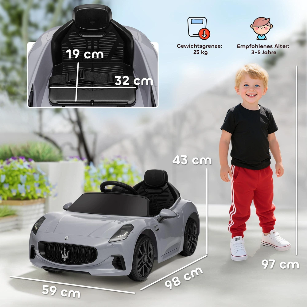 AIYAPLAY vaikiškas elektrinis automobilis 12V vaikiškas automobilis su 2,4 GHz nuotolinio valdymo pulteliu, 2 varikliai, vaikiška transporto priemonė su garsiniu signalu, LED, muzika, švelnus užvedimas, elektrinė transporto priemonė su papildomu ratu, skirta 3-5 metų vaikams, pilka spalva