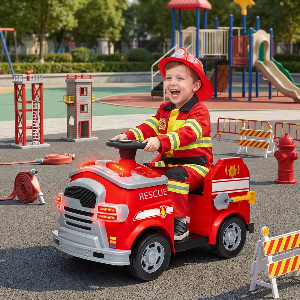 AIYAPLAY vaikiškas elektromobilis, 12V gaisrinės automobilis su muzika, garsiniu signalu, žibintais, švelnaus starto sistema, 3 km/h, 3–5 metų vaikams, raudonas