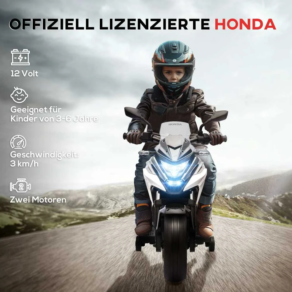 AIYAPLAY elektrinis motociklas vaikams, 12V vaikiškas motociklas su MP3, USB, LED žibintais, transporto priemonė vaikams su lavinamosiomis funkcijomis, pagalbiniais ratukais, 3km/h, 3-6 metų vaikams, baltas
