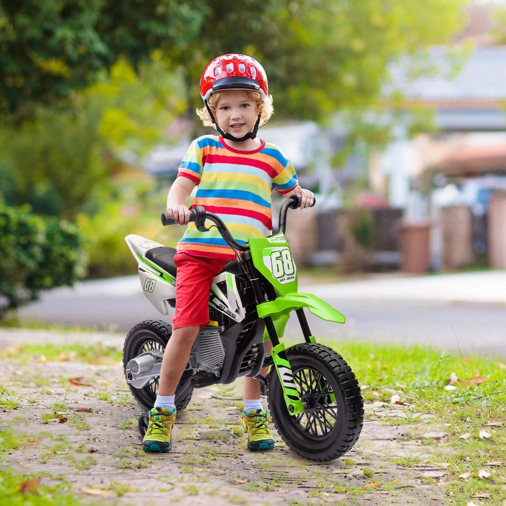 AIYAPLAY vaikiškas elektrinis motociklas, 12V motociklas vaikams su muzika, vaikiška transporto priemonė su nuimamais pagalbiniais ratukais, 2,4–5 km/val., 3–6 metų vaikams, maks. 30 kg, žalias