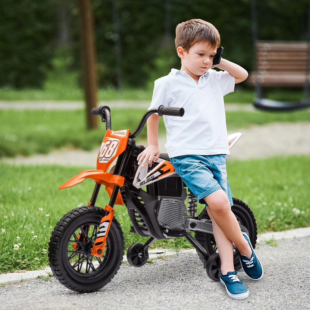 AIYAPLAY vaikiškas elektrinis motociklas, 12V vaikiškas motociklas su muzika, vaikiška transporto priemonė su nuimamais pagalbiniais ratukais, 2,4-5 km/val., 3-6 metų vaikams, maks. 30 kg, oranžinis
