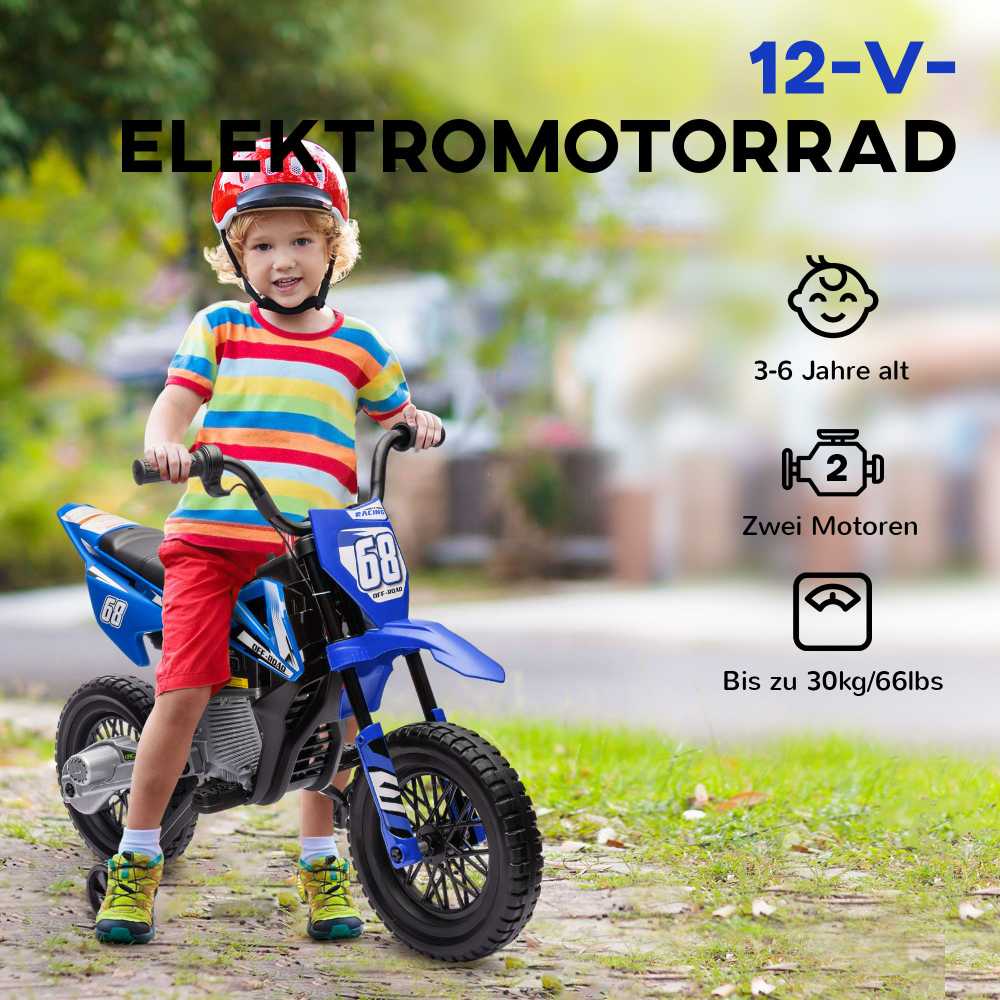 AIYAPLAY vaikiškas elektrinis motociklas, 12V motociklas vaikams su muzika, vaikiška transporto priemonė su nuimamais pagalbiniais ratukais, 2,4-5 km/val., 3-6 metų vaikams, maks. 30 kg, mėlynas