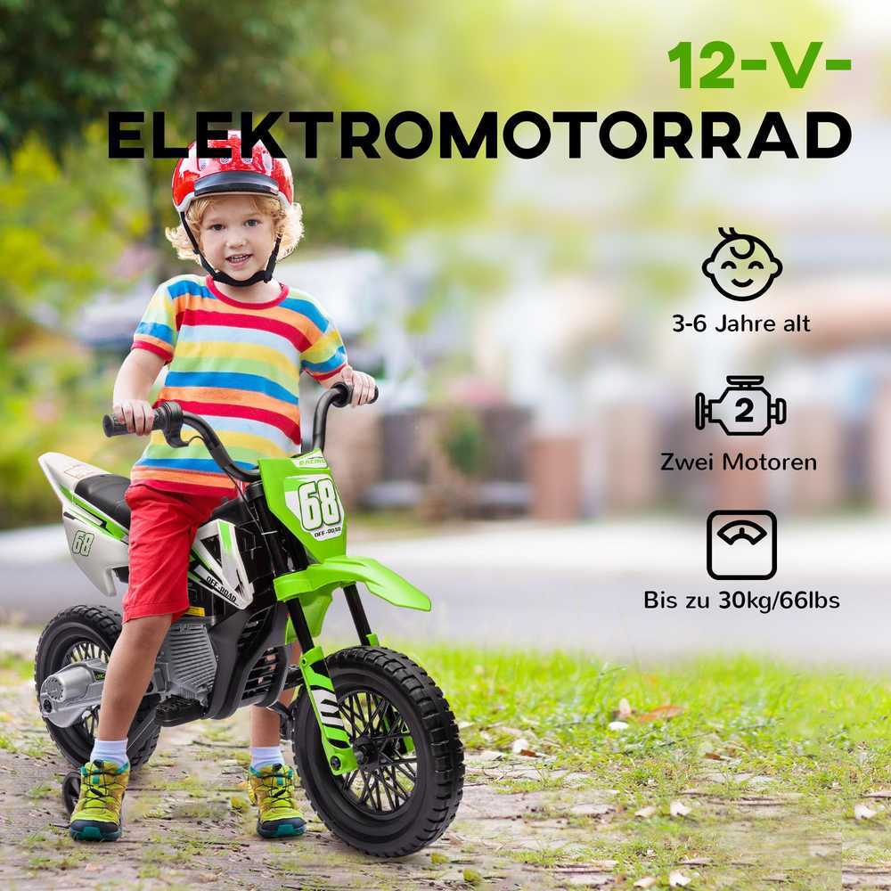 AIYAPLAY vaikiškas elektrinis motociklas, 12V vaikiškas motociklas su muzika, vaikiška transporto priemonė su nuimamais mokomaisiais ratais, 2,4-5 km/val., skirtas 3-6 metų vaikams, ne daugiau kaip 30 kg, žalias