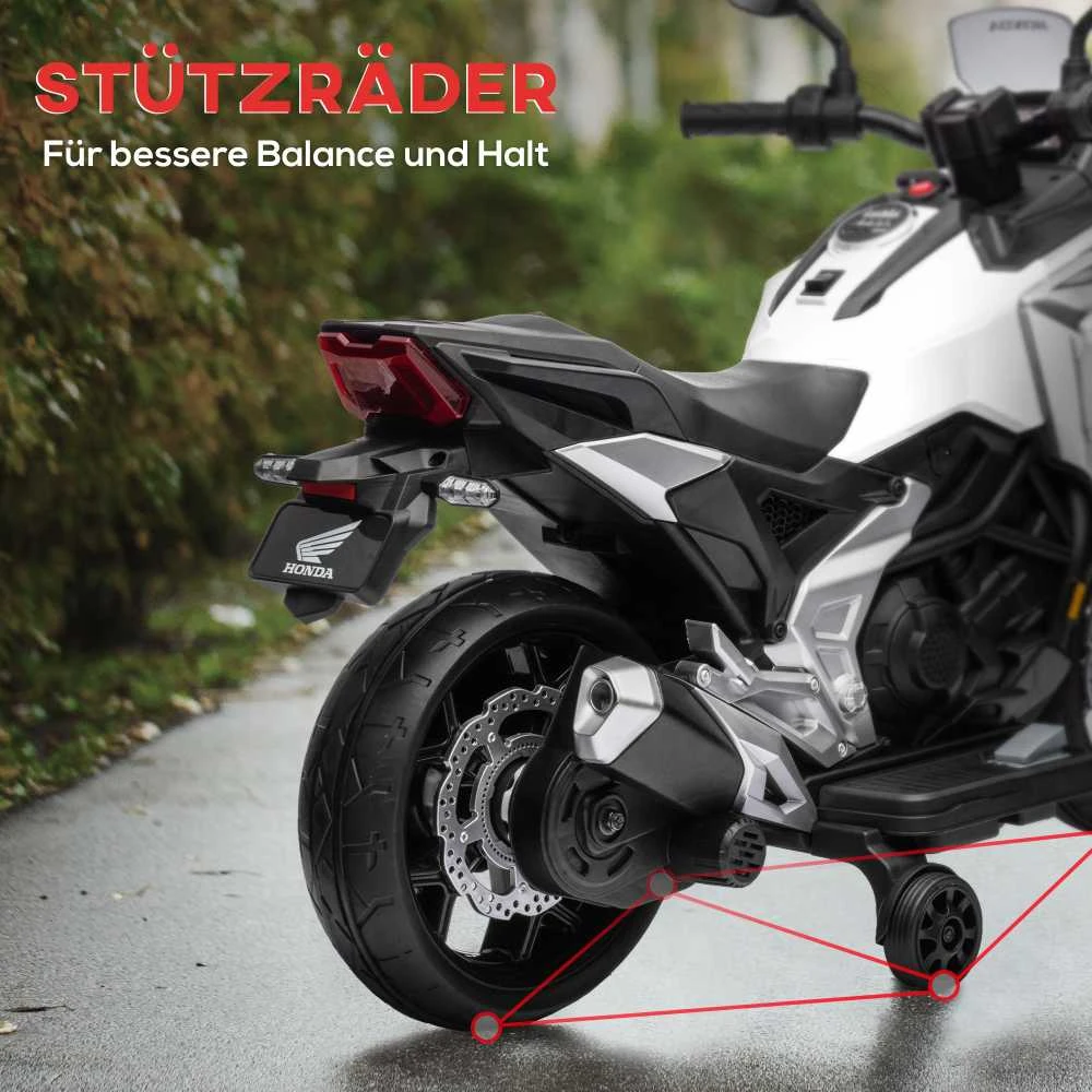 AIYAPLAY elektrinis motociklas vaikams, 12V vaikiškas motociklas su MP3, USB, LED žibintais, transporto priemonė vaikams su lavinamosiomis funkcijomis, pagalbiniais ratukais, 3km/h, 3-6 metų vaikams, baltas