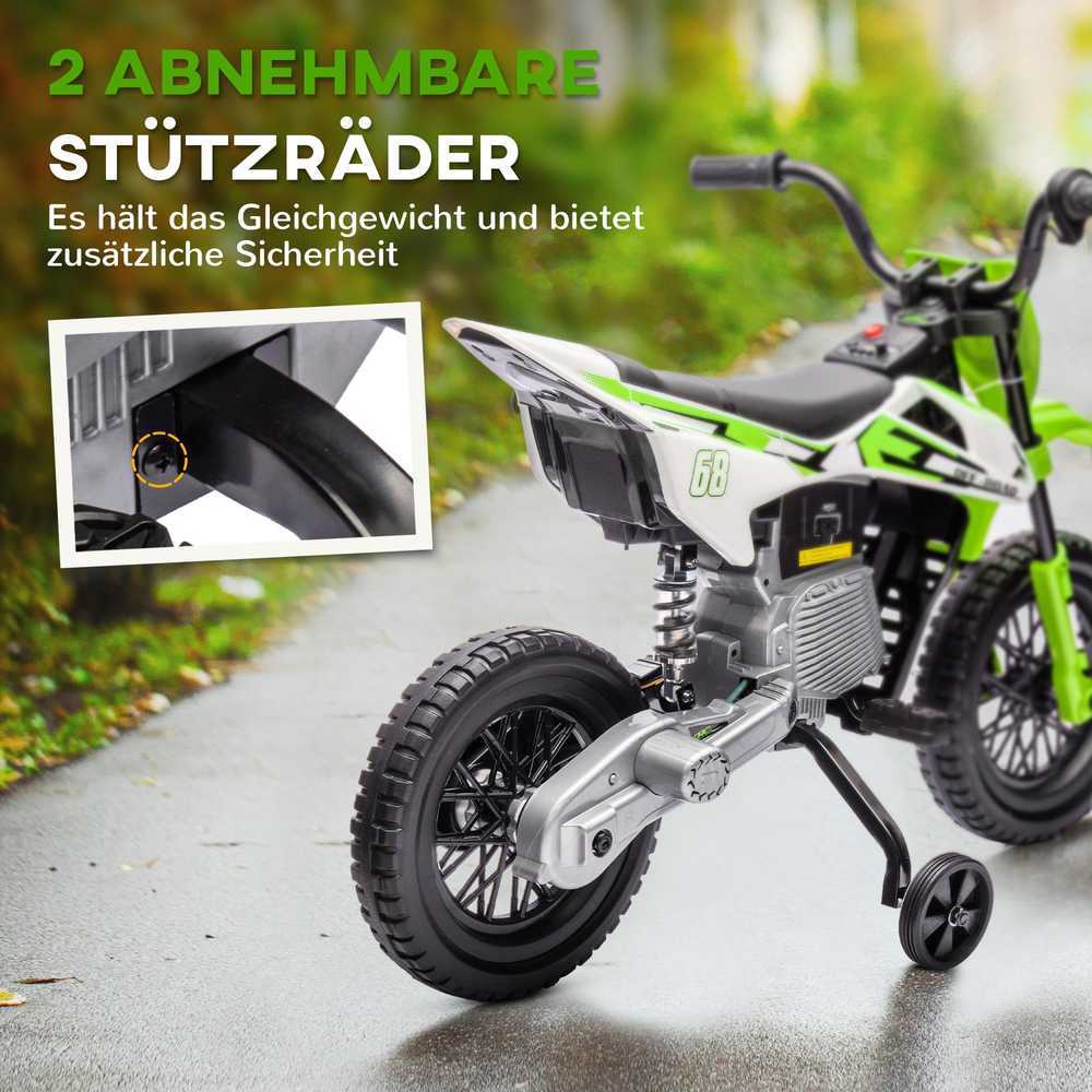 AIYAPLAY vaikiškas elektrinis motociklas, 12V vaikiškas motociklas su muzika, vaikiška transporto priemonė su nuimamais mokomaisiais ratais, 2,4-5 km/val., skirtas 3-6 metų vaikams, ne daugiau kaip 30 kg, žalias