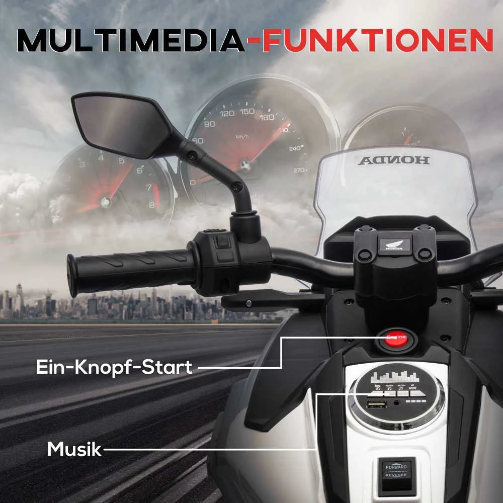 AIYAPLAY elektrinis motociklas vaikams, 12V vaikiškas motociklas su MP3, USB, LED žibintais, transporto priemonė vaikams su lavinamosiomis funkcijomis, pagalbiniais ratukais, 3km/h, 3-6 metų vaikams, baltas