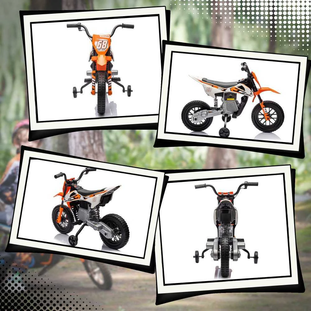 AIYAPLAY vaikiškas elektrinis motociklas, 12V vaikiškas motociklas su muzika, vaikiška transporto priemonė su nuimamais pagalbiniais ratukais, 2,4-5 km/val., 3-6 metų vaikams, maks. 30 kg, oranžinis