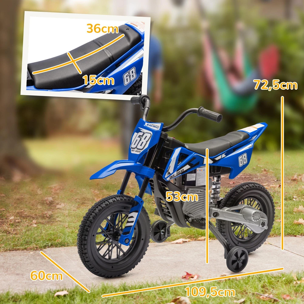AIYAPLAY vaikiškas elektrinis motociklas, 12V motociklas vaikams su muzika, vaikiška transporto priemonė su nuimamais pagalbiniais ratukais, 2,4-5 km/val., 3-6 metų vaikams, maks. 30 kg, mėlynas
