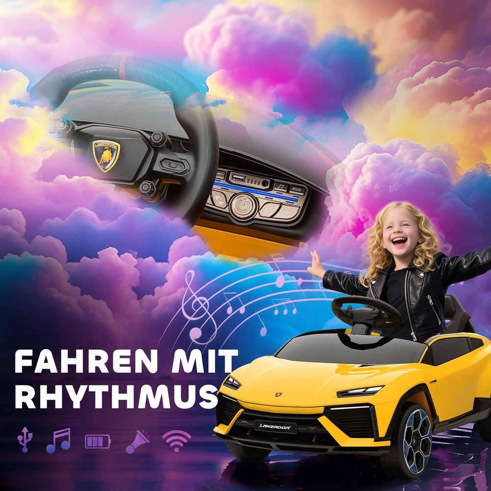 AIYAPLAY vaikiškas elektromobilis 12V, su 2,4 GHz nuotolinio valdymo pulteliu, 2 varikliais, garsiniu signalu, LED šviesomis, muzika, 101,5 x 49 x 43 cm, geltonas