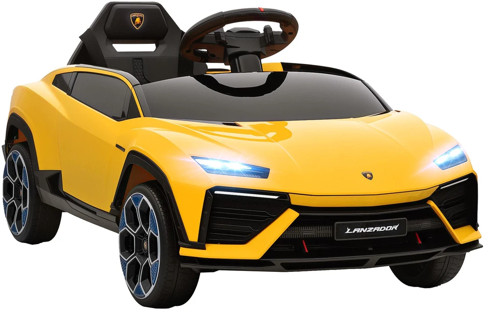 AIYAPLAY vaikiškas elektromobilis 12V, su 2,4 GHz nuotolinio valdymo pulteliu, 2 varikliais, garsiniu signalu, LED šviesomis, muzika, 101,5 x 49 x 43 cm, geltonas