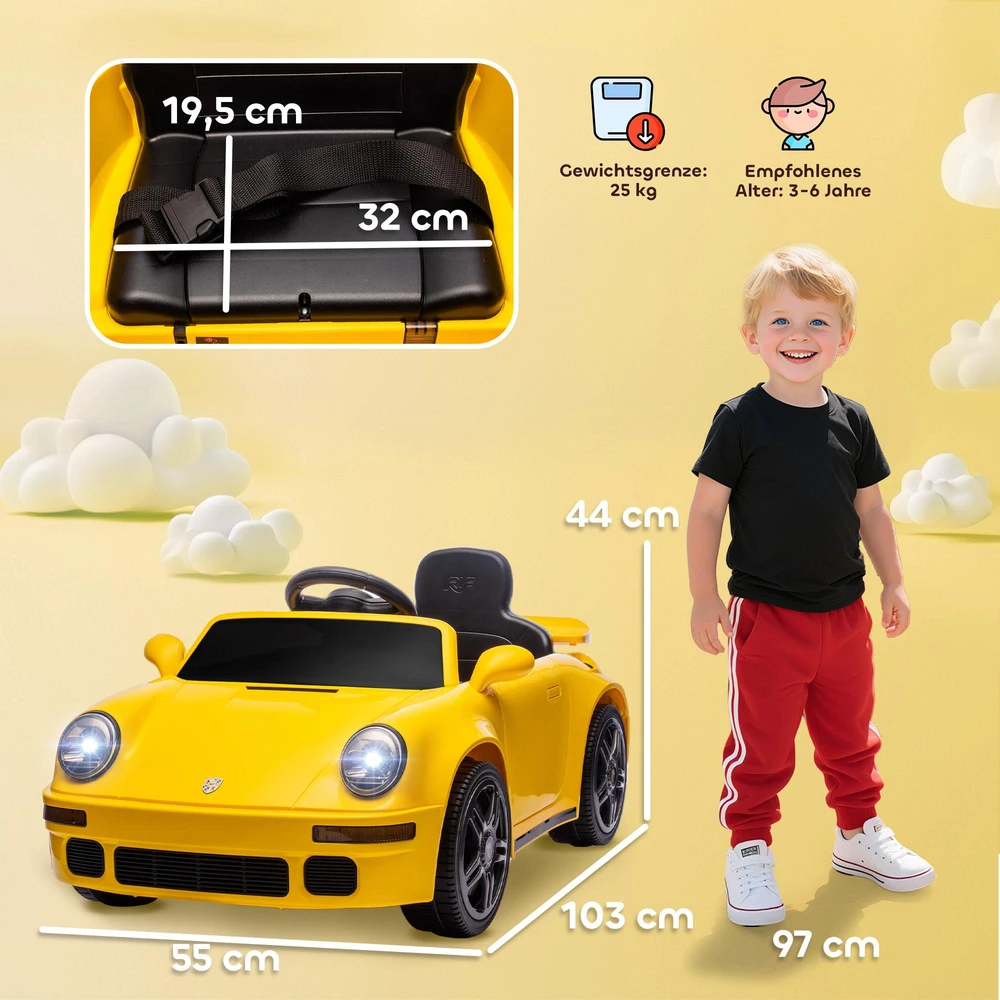 AIYAPLAY vaikiškas elektromobilis, 12V vaikiškas automobilis su nuotolinio valdymo pultu, sklandus startas, MP3 grotuvas, LED žibintai, garsinis signalas, energijos indikatorius, geltonas