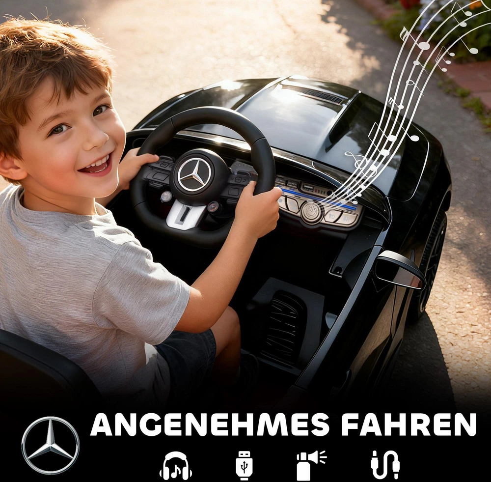 AIYAPLAY vaikiškas elektromobilis, „Mercedes“ dizainas, 12 V varikliai, nuotolinio valdymo pultas, LED žibintai, muzika, 3–6 metų vaikams, juodas