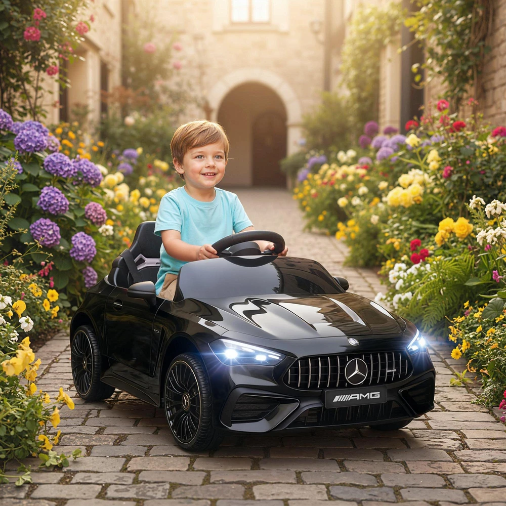 AIYAPLAY vaikiškas elektromobilis, „Mercedes“ dizainas, 12 V varikliai, nuotolinio valdymo pultas, LED žibintai, muzika, 3–6 metų vaikams, juodas