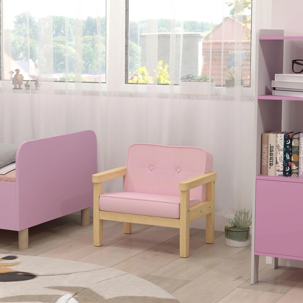 AIYAPLAY vaikiškas fotelis, sofa su mediniu rėmu, velvėtinė, paminkštinta vaikiška kėdutė 3–8 metų vaikams, vaikų kambariui, žaidimų kambariui, rožinė