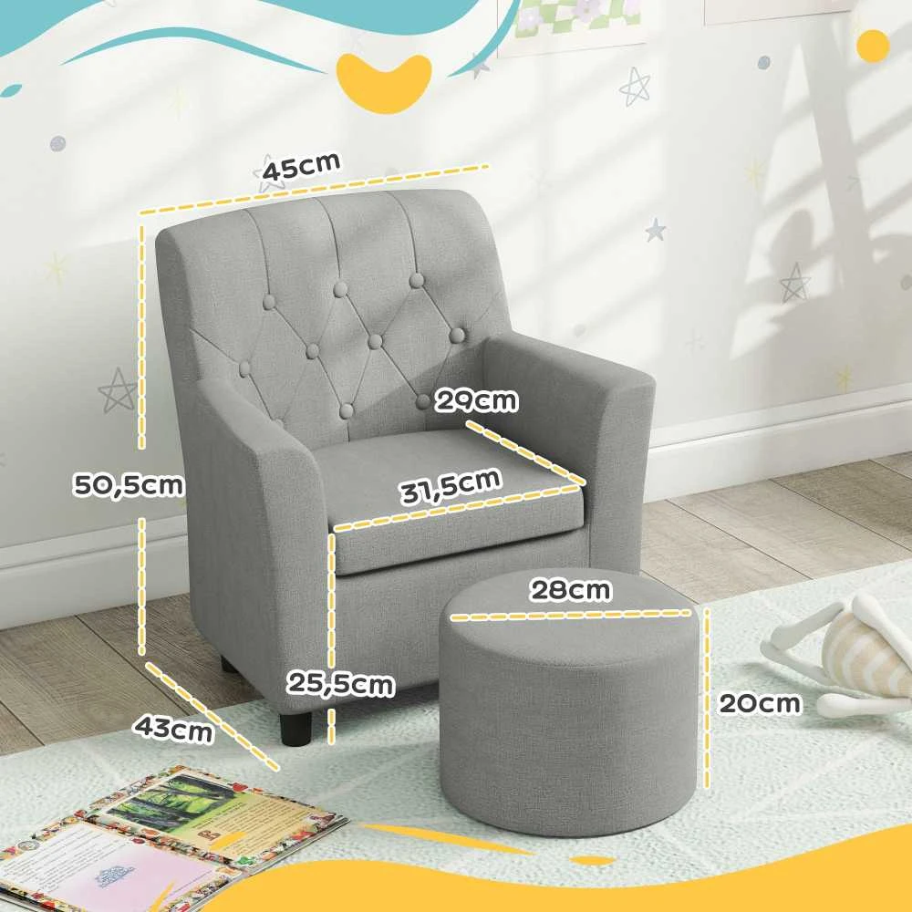 AIYAPLAY vaikiškas fotelis, vaikiška sofa su pakoja, vaikiškas baldų komplektas nuo 18 mėnesių, lininio audinio išvaizda, eukalipto mediena, pilka, 45 x 43 x 50,5 cm